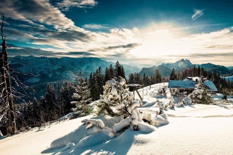 Die Sonne strahlt auf eine verschneite Berglandschaft mit hohen Bäumen