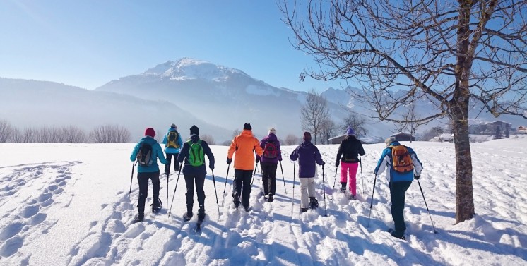Eine Gruppe macht eine Langlauftour durch den Schnee